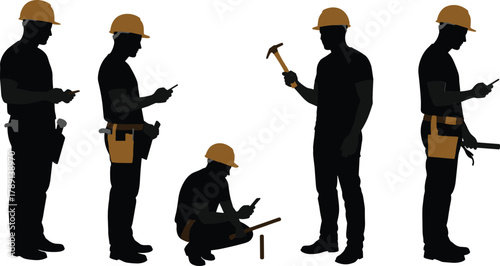 Construction worker silhouettes, smartphone usage, hard hat professionals, tool belt crew, hammer and phone, crouching pose, digital tools, safety gear, black clothing, modern worksite