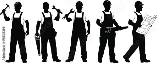 Construction workers silhouettes with tools and blueprint, builders and engineers wearing helmets, industrial teamwork concept, repair and maintenance professionals