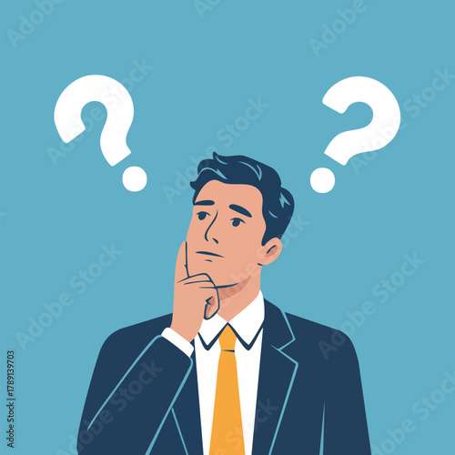 Businessman thinking with finger on his chin and question marks idea concept
