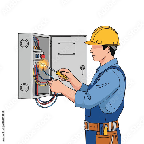 An electrician, wearing a hard hat and overalls, is working on a circuit breaker, using a screwdriver to fix the electrical panel with sparking wires.