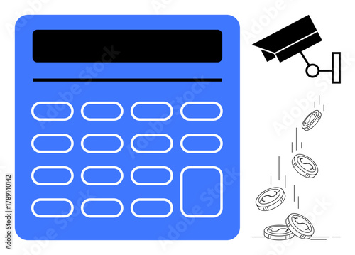 Calculator next to security camera monitoring falling coins, symbolizing financial control, expenses, savings, analytics, fraud detection, budgeting, investment tracking, simple flat metaphor