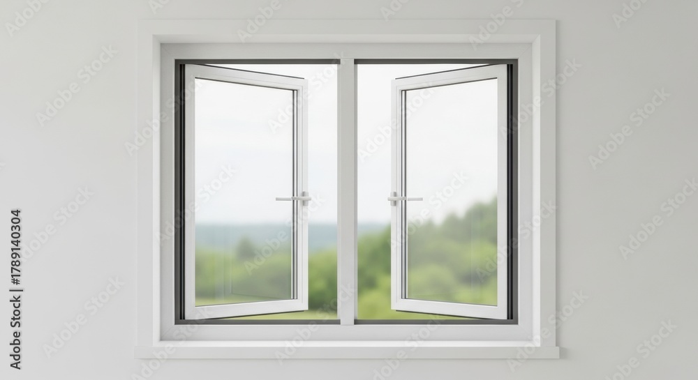 Obraz premium Open Window with Green Landscape View, Nature, Outdoors, View from window