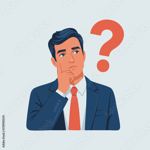 Thoughtful businessman in suit with red question mark thinking about problem