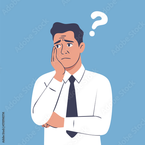 Sad thoughtful businessman with black tie and white question mark overhead