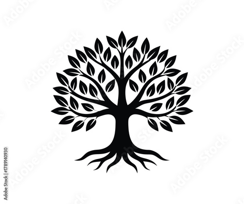 Black Silhouette of a Stylized Tree with Roots and Leaves branches