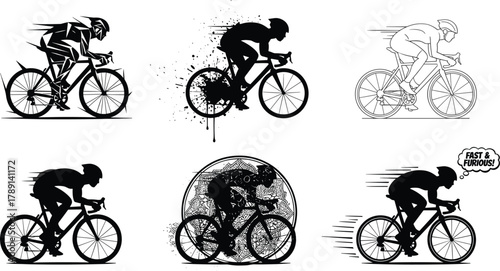 Cyclist racing on road bike in six artistic styles, silhouette, line art, ink splatter, motion blur, abstract pattern, comic action, speed, sport