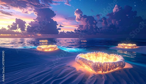 Fototapeta Naklejka Na Ścianę i Meble -  Enchanting Luminous Coral Reefs Under a Twilight Sky.