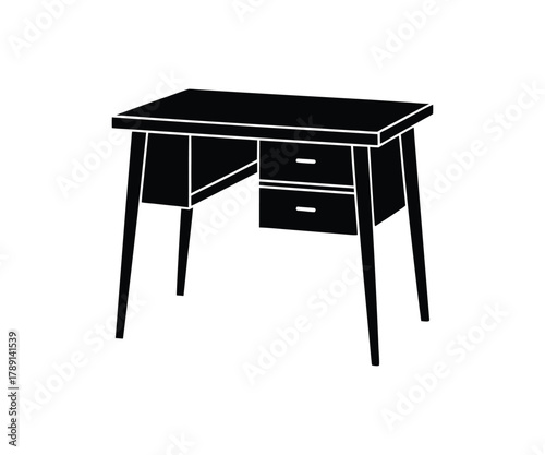 Black Silhouette of a Wooden Desk with Drawers and Tapered Legs on White Background isolated