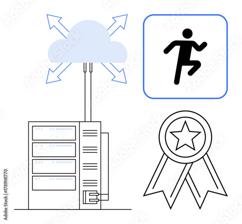 Cloud server connecting to distributed networks via arrows, achievement ribbon with star, and forward motion icon. Ideal for technology, progress, innovation, achievement, efficiency, cloud