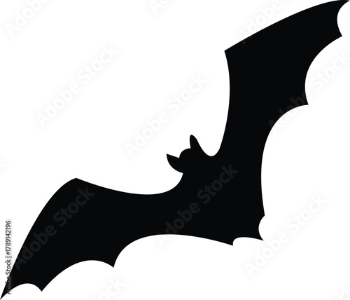 Silhouette of a black bat in flight against a white background, representing a nocturnal creature and Halloween imagery
