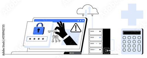 Laptop with lock, hacker hand holding keys, warning icon, servers, cloud, calculator. Ideal for cybersecurity, data protection, hacking online fraud digital safety risk management simple flat