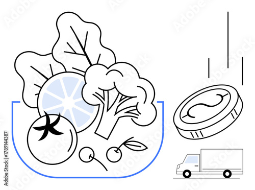 Bowl of fresh fruits and vegetables, coin drop symbolizing monetary value, and delivery truck. Ideal for food economy, supply chain, organic farming, agriculture, delivery service, sustainability