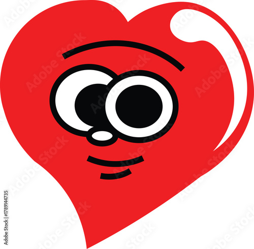 Vibrant cheerful red heart illustration featuring a cute cartoon face, conveying feelings of love, happiness, and well-being through expressive graphic art