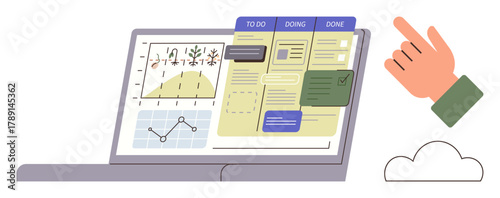 Laptop screen showcasing project management tools including task boards, graphs, and charts. Hand gesture with cloud element emphasizes digital productivity. Ideal for organization, task management