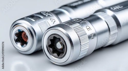 Close-up of a heavy duty torque wrench and socket set