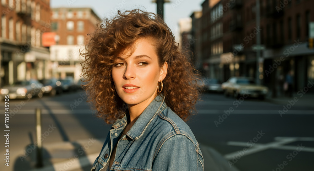 Fototapeta premium Woman in 1980s wearing a denim jacket with voluminous hair and natural makeup, photographed on a city street at golden hour with soft shadows and an authentic vintage color palette