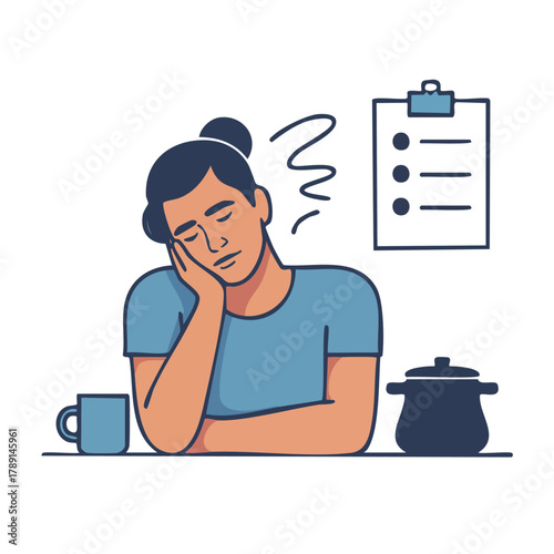 Tired employee resting near clipboard, coffee, and cooking pot at home