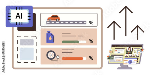 Automotive dashboard tracking car performance with AI integration. Includes oil level, tire pressure, and efficiency stats. Ideal for technology, automation, innovation, data analysis, AI