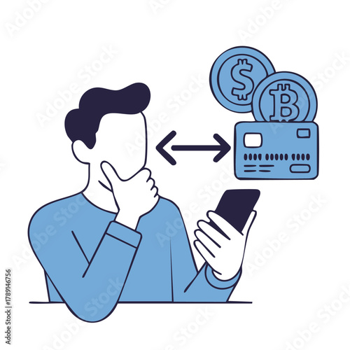 Man Thinking About Cryptocurrency Credit Card Exchange with Mobile Phone in Hand