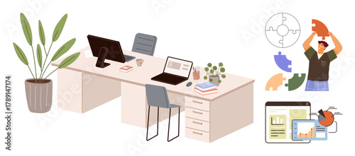 Dual desks with laptops, plant, and office items. Nearby, a man assembles puzzle pieces, symbolizing teamwork and problem-solving, with digital workflow icons. Ideal for office, teamwork