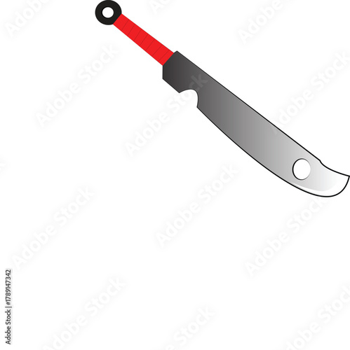 Stylized vector illustration of a fantasy combat short sword with a notched gray blade and a red handle, isolated on a white background