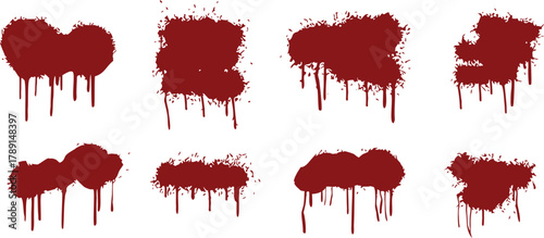 Red blood splatter drip set vector illustration showing horror paint stains, crime splash textures, Halloween dripping ink shapes, and scary liquid art design for dark background effects.