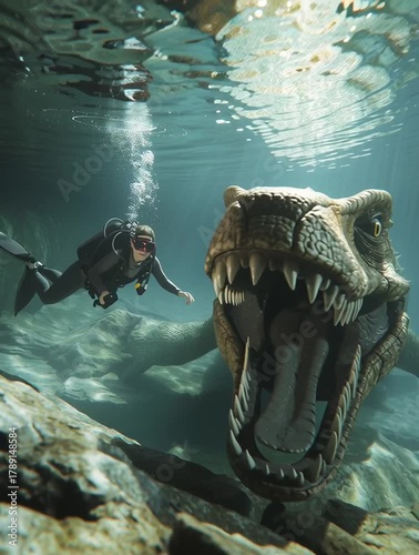 Diver swimming alongside a prehistoric creature