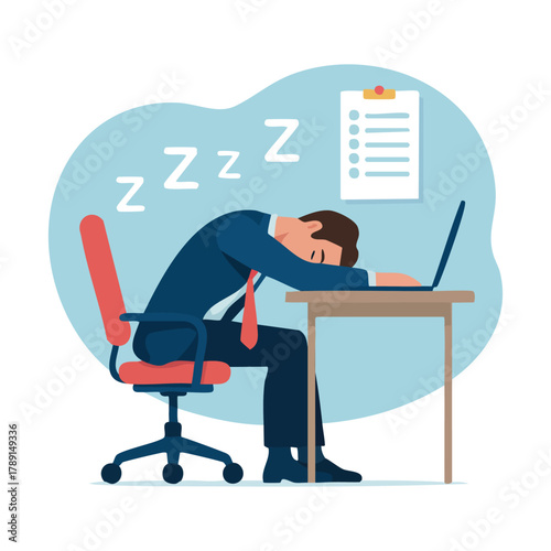 Office worker asleep on desk with document and laptop with clipboard on desk