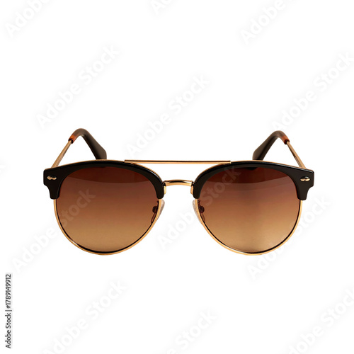 Browline sunglasses with gradient lenses, black frame, gold trim