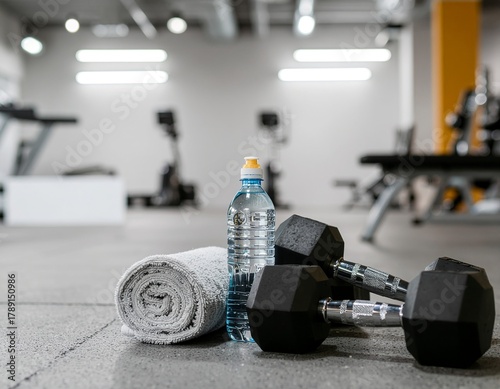 Dumbbells on the floor in a concept fitness room with exercise equipment behind.