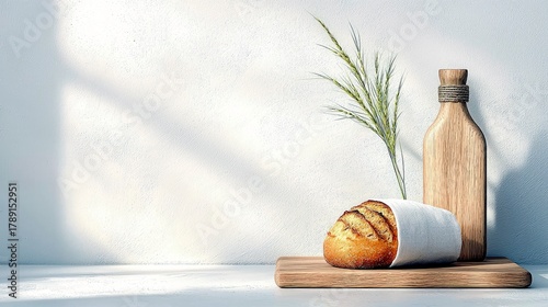 A rustic loaf of bread, partially wrapped in white cloth, sits on a wooden cutting board next to a wooden bottle and a stalk of wheat.