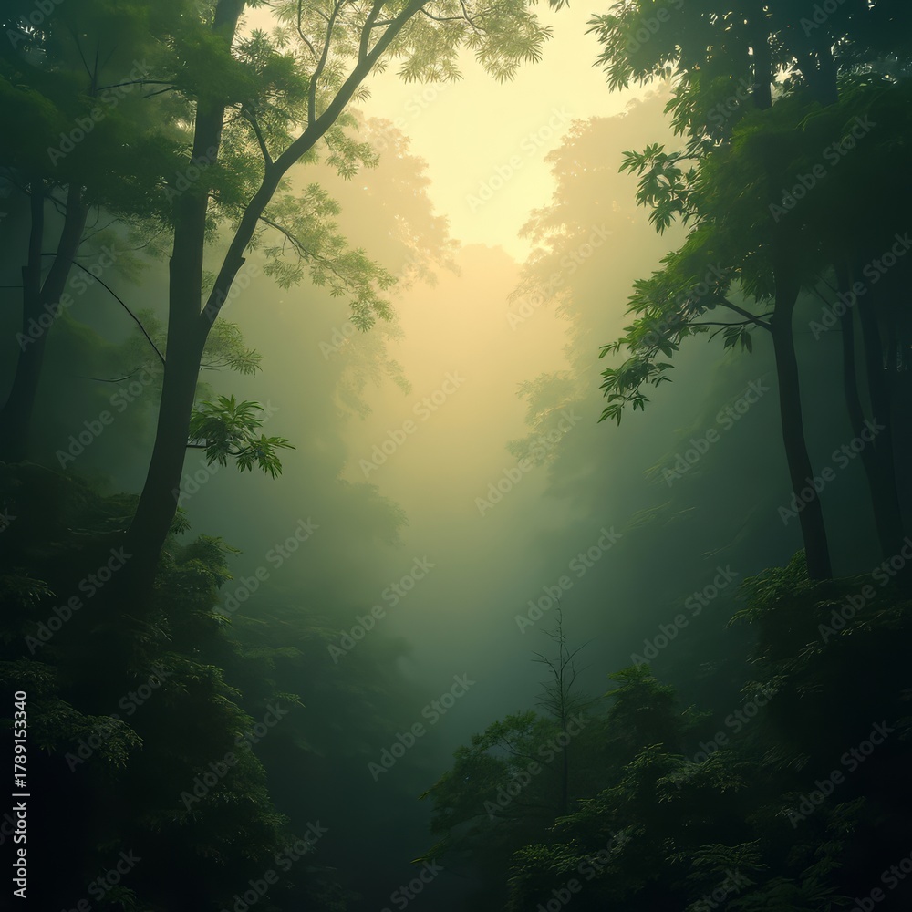 Fototapeta premium Foggy Forest Scene with Green Trees