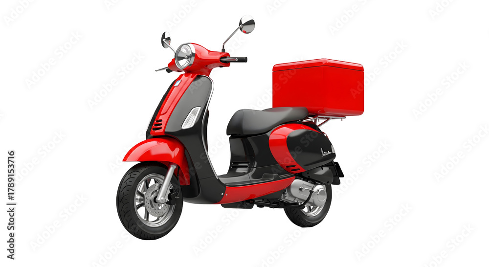 Obraz premium Red scooter with a delivery box on it, symbolizing fast and efficient transportation, isolated on transparent background