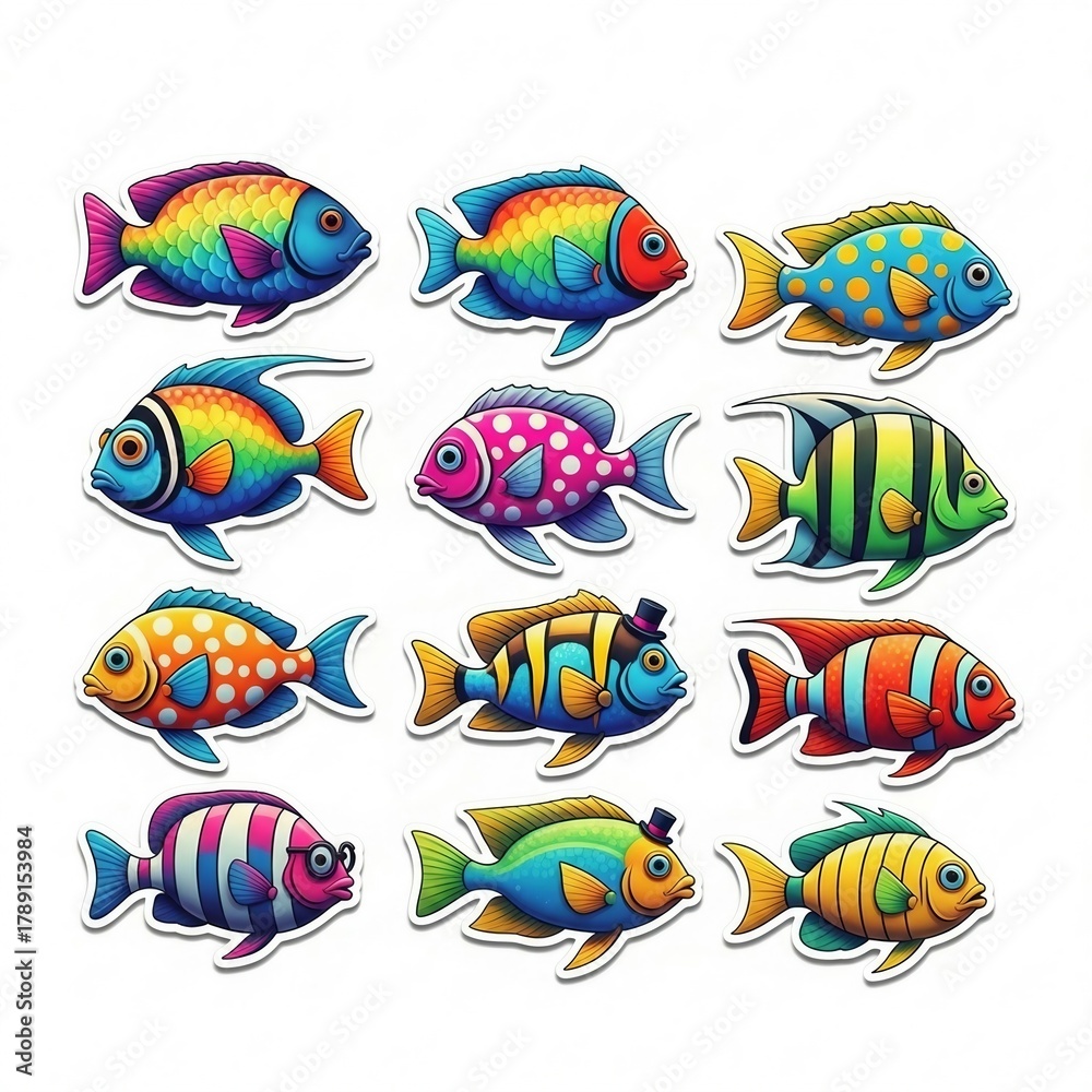Naklejka premium Vibrant Fish Illustrations Featuring Colorful Patterns and Unique Designs