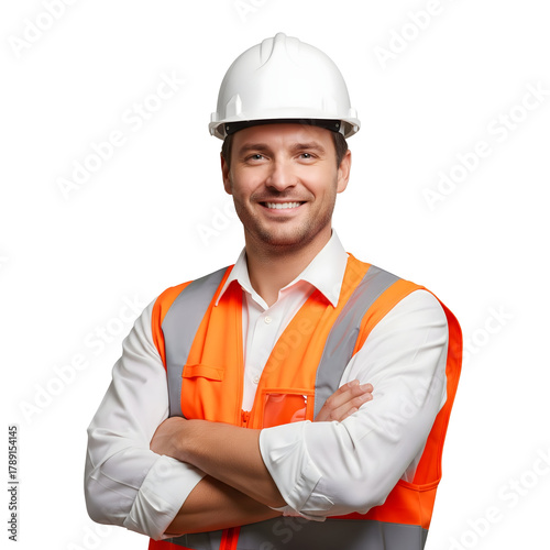 Smiling construction worker wearing a white helmet and safety vest, looking directly at the camera with arms crossed, isolated on transparent background