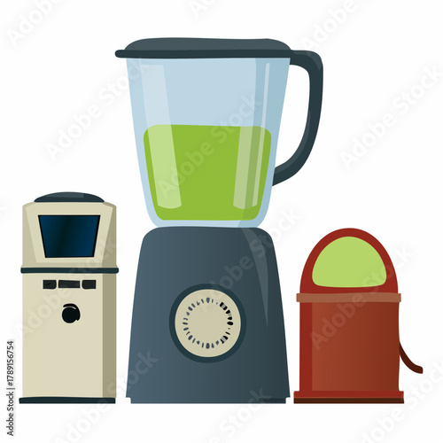Set of vector kitchen appliances with a blender making a green smoothie, a beverage dispenser, and a manual grinder. Isolated household equipment collection