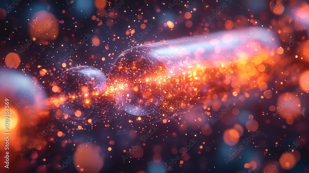 Fototapeta premium Glowing particles connect within a transparent tube.