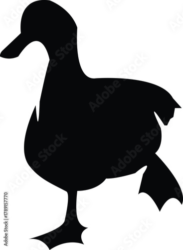 A simple black silhouette illustration of a waddling duck or goose. This minimalist vector graphic shows the waterfowl in a walking pose with one webbed foot raised