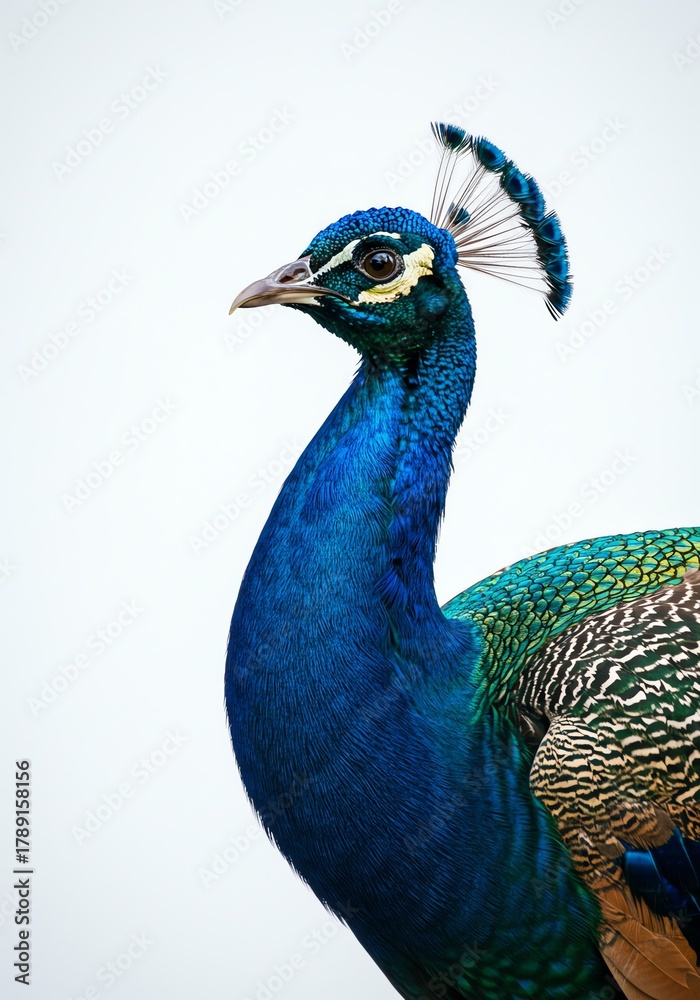 Obraz premium Majestic Peacock Portrait Intense Gaze Elegant Bird on White Backdrop