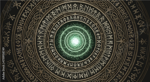 Ancient Runes Circle with Green Magic Portal Light