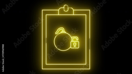 Neon yellow clipboard with a bomb and an unlocked padlock in the center all against a black background