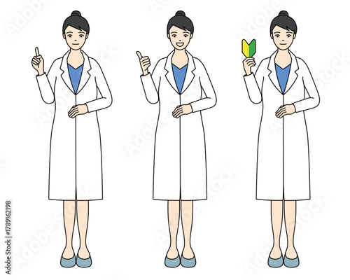 Full-body illustration of a woman in a lab coat with an entry-level driver sign and gestures