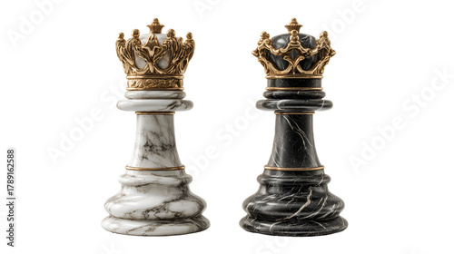 Two ornate chess king pieces one marble white one marble black isolated on transparent background