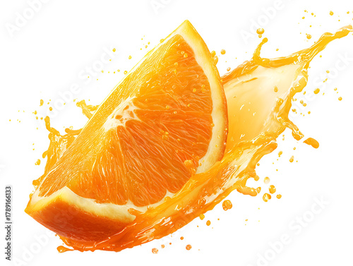 Juicy orange slice with a refreshing splash of orange juice isolated on transparent background