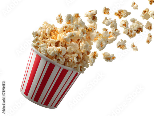 Exploding bucket of popcorn with kernels flying out isolated on transparent background