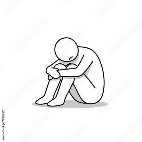 Stick figure sitting and hugging knees, expressing sadness and exhaustion. Represents burnout, loneliness, and emotional fatigue