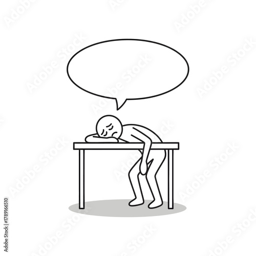 Stick figure tired employee resting head on desk with speech bubble. Concept of exhaustion, burnout, overwork, and fatigue at work.