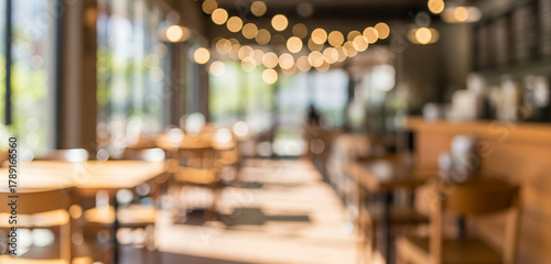 Blurred cafe interior with warm lighting, wooden textures, and soft focus. Modern seating area and decorative elements, suitable for lifestyle and creative backgrounds.