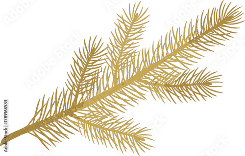 Golden pine branch illustration, stylized conifer needle design, festive holiday element, symmetrical evergreen vector, decorative nature graphic, elegant seasonal artwork