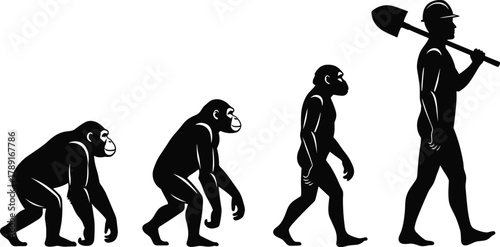 Human evolution illustration, primate to modern man, shovel symbolism, construction worker parody, labor concept, vector art, timeline progression, humorous character, tool development, transformation